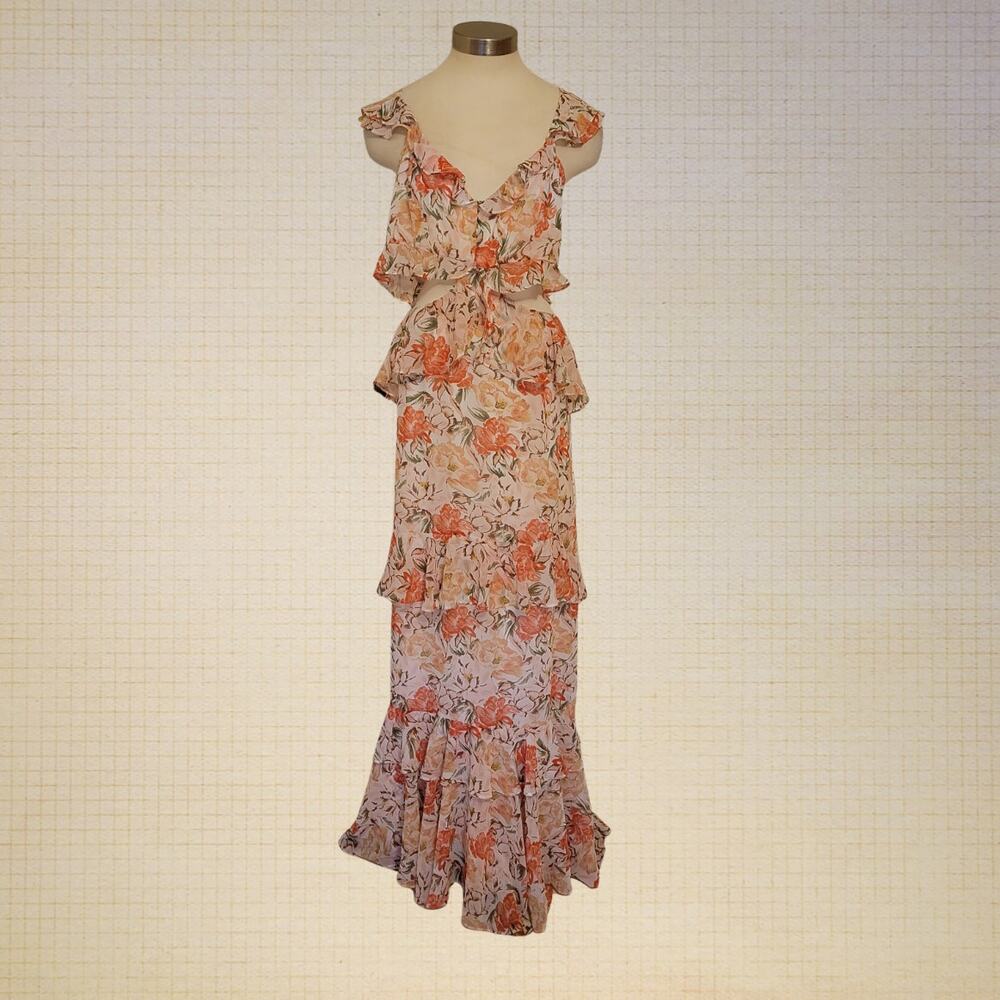 WAYF XXL Pink Floral Ruffle Maxi Dress Cutout Waist Spaghetti Strap Summer